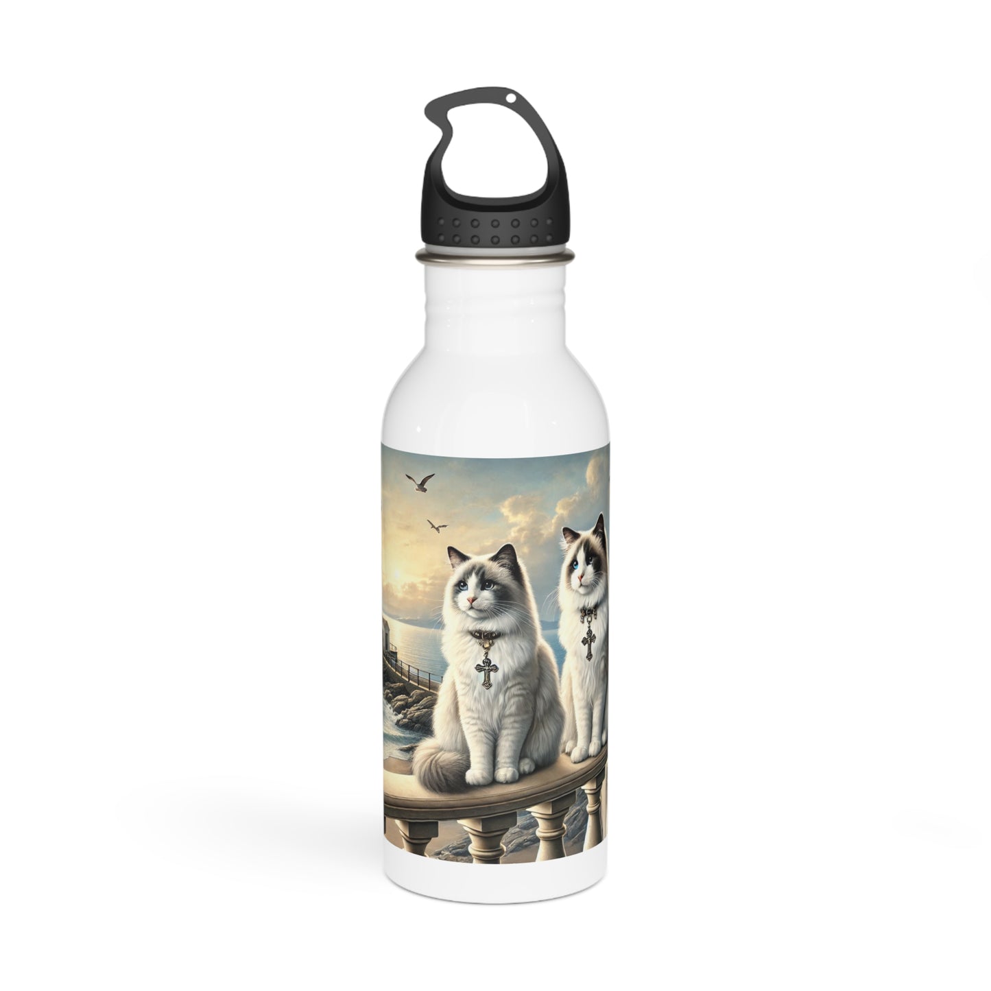 Stainless Steel Water Bottle - Cats and Lighthouse Design