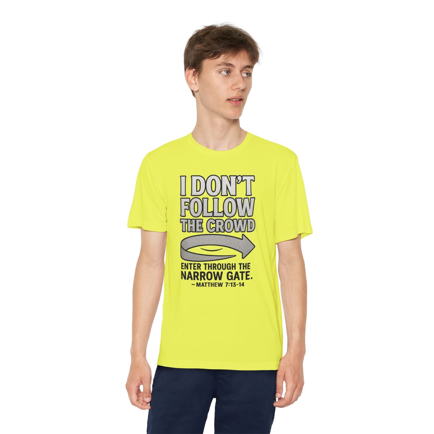 “I Don’t Follow the Crowd” Youth Tee – Matthew 7:13–14 Scripture Shirt
