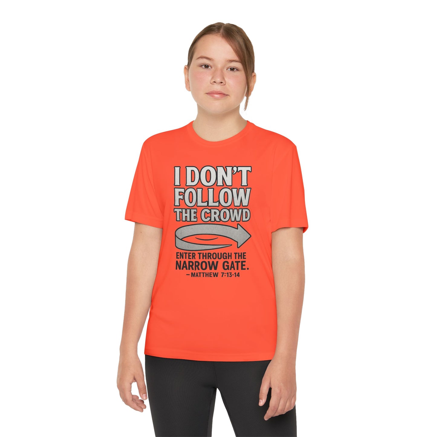 “I Don’t Follow the Crowd” Youth Tee – Matthew 7:13–14 Scripture Shirt