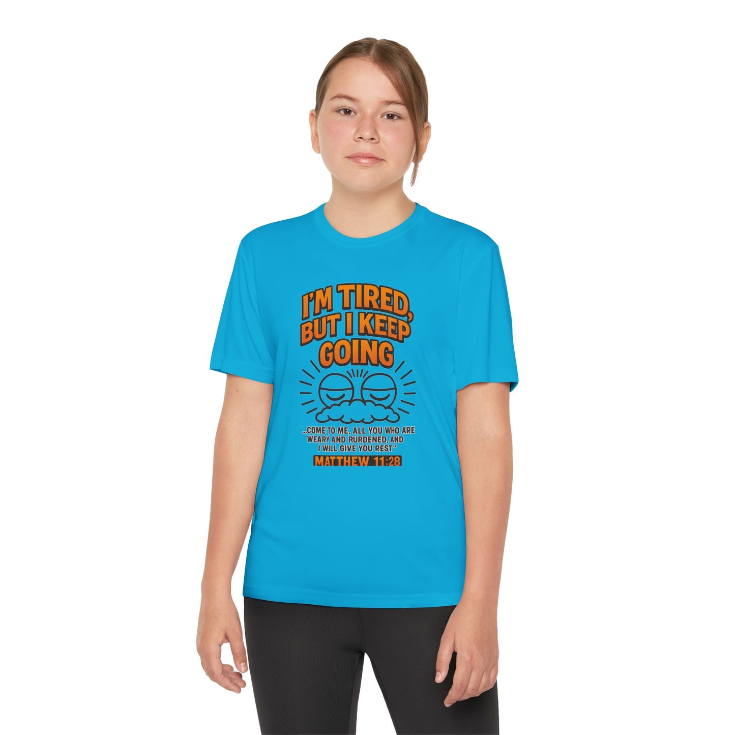 “I’m Tired, But I Keep Going” Youth Bible Verse Tee – Matthew 11:28 Graphic Shirt