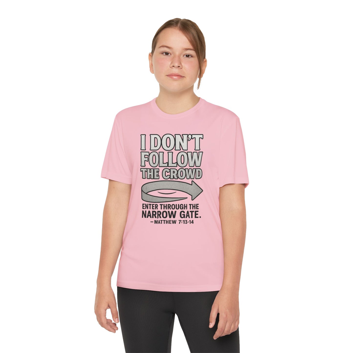 “I Don’t Follow the Crowd” Youth Tee – Matthew 7:13–14 Scripture Shirt