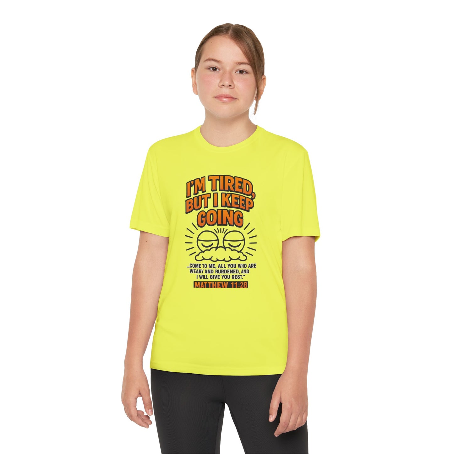 “I’m Tired, But I Keep Going” Youth Bible Verse Tee – Matthew 11:28 Graphic Shirt