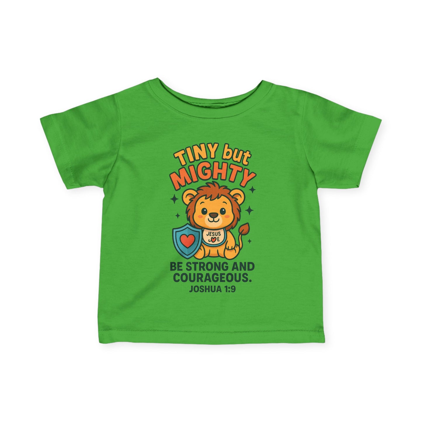 “Tiny but Mighty” Infant Tee – Joshua 1:9 Lion Cub Christian Shirt