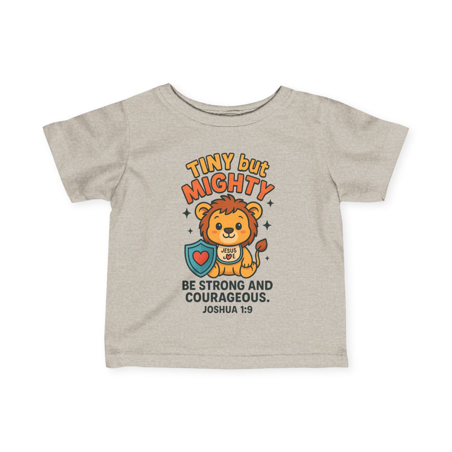 “Tiny but Mighty” Infant Tee – Joshua 1:9 Lion Cub Christian Shirt