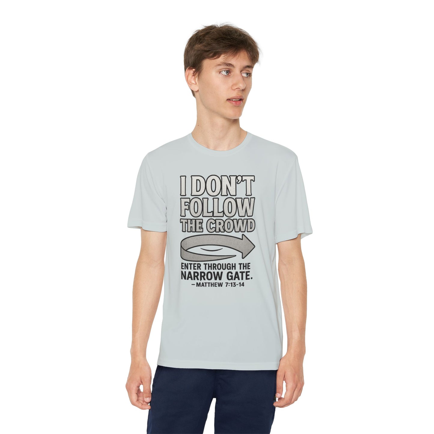 “I Don’t Follow the Crowd” Youth Tee – Matthew 7:13–14 Scripture Shirt