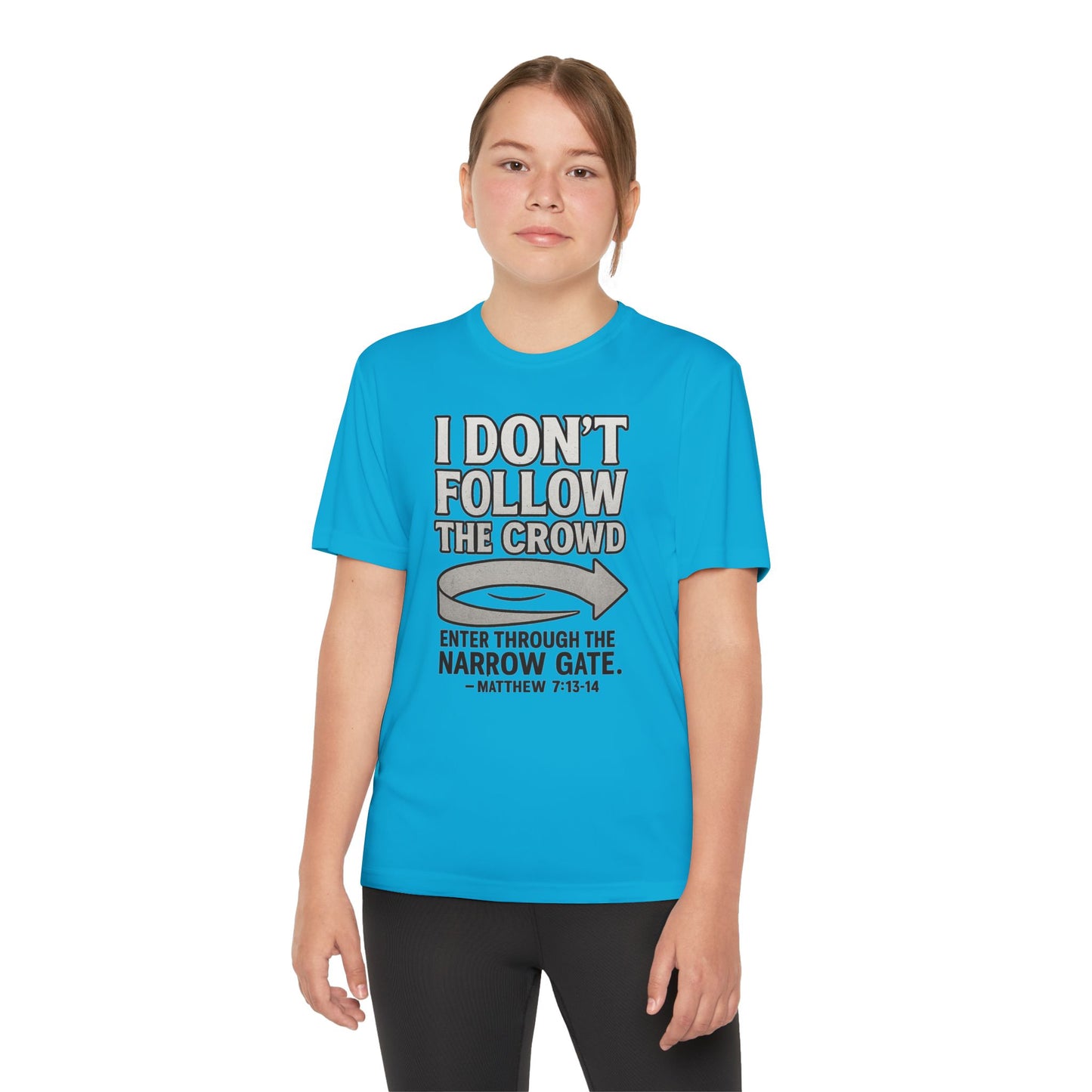 “I Don’t Follow the Crowd” Youth Tee – Matthew 7:13–14 Scripture Shirt