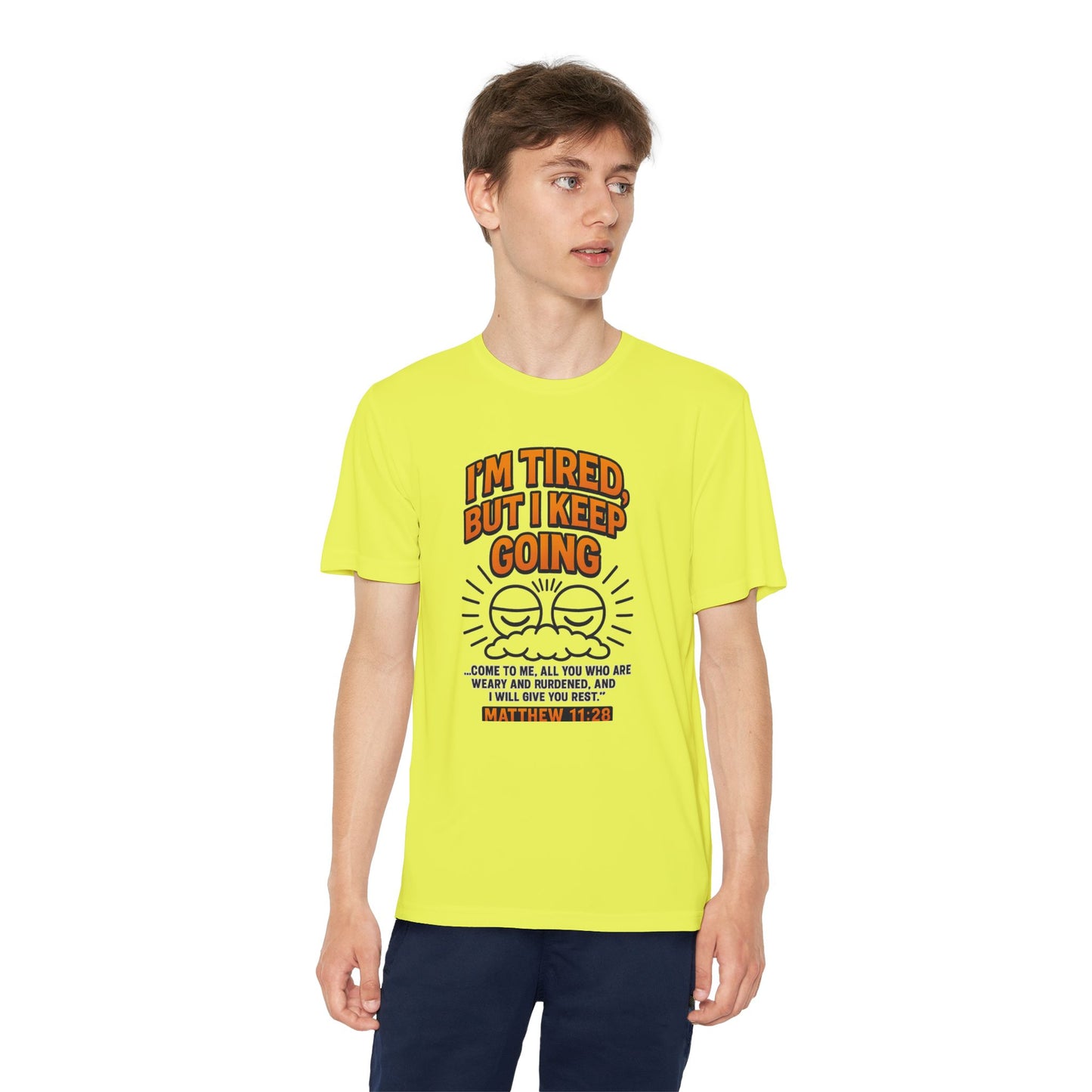 “I’m Tired, But I Keep Going” Youth Bible Verse Tee – Matthew 11:28 Graphic Shirt