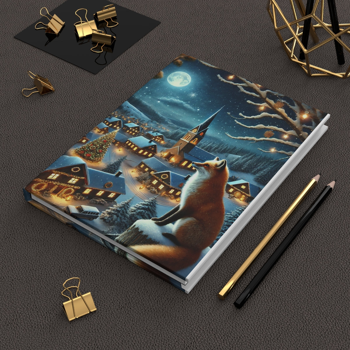 Hardcover Journal Matte - Christmas Winter Fox Town Scene