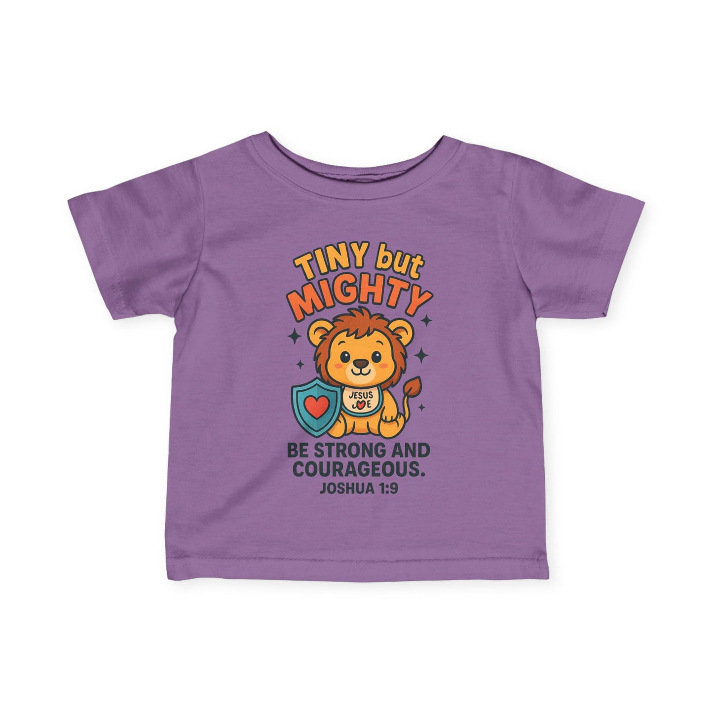 “Tiny but Mighty” Infant Tee – Joshua 1:9 Lion Cub Christian Shirt