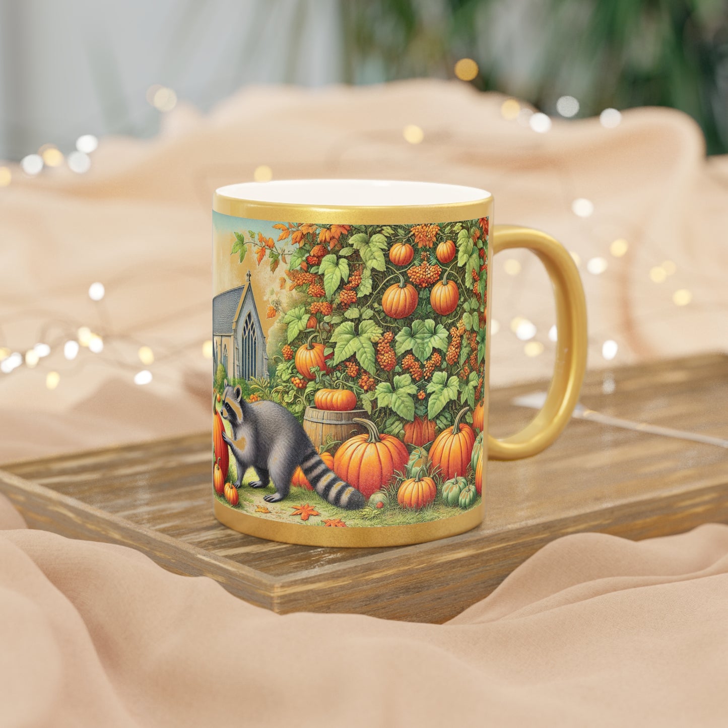Metallic Mug (Silver\Gold) Racoon in pumpkin patch