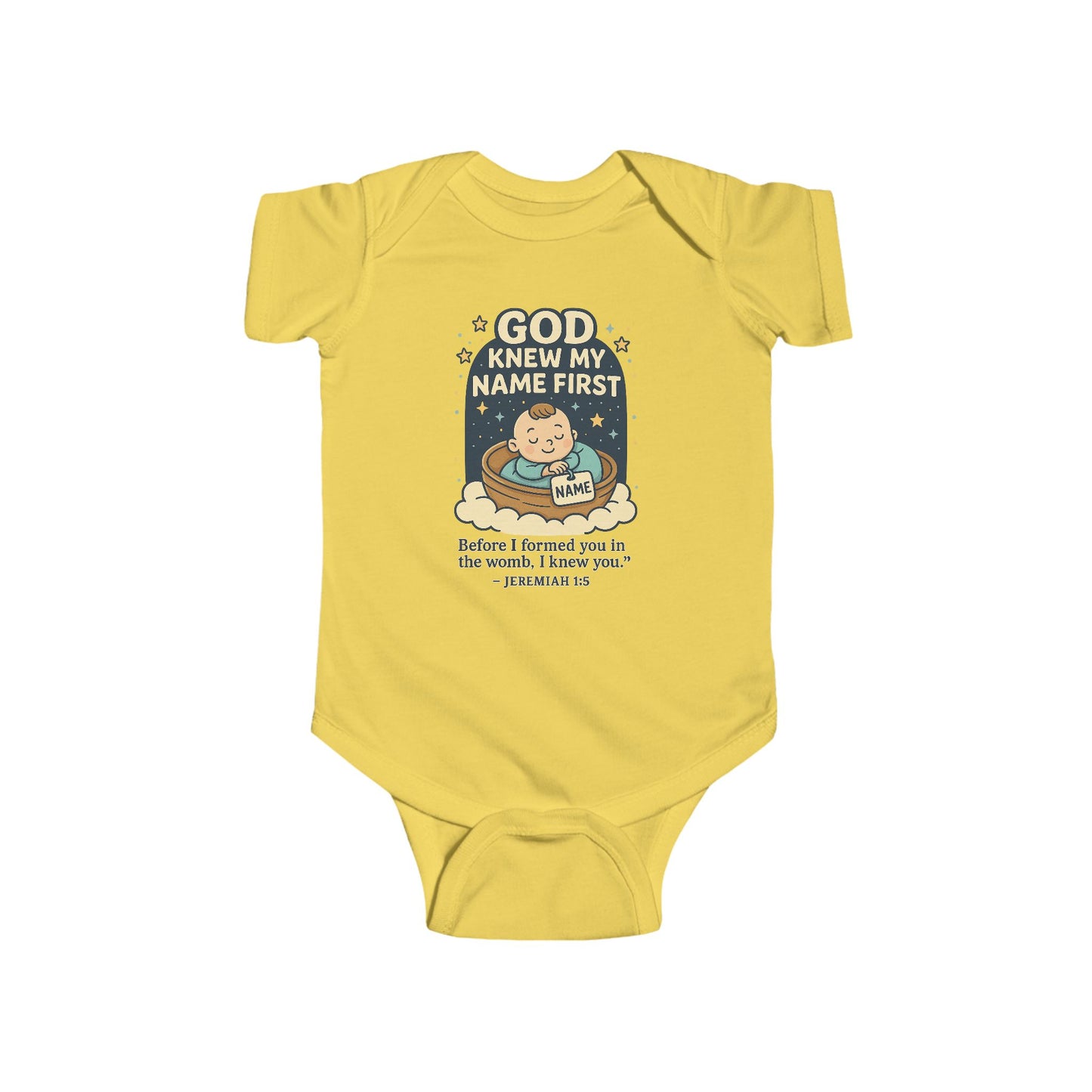 “God Knew My Name First” Infant Onesie – Jeremiah 1:5 Bible Verse Onsie