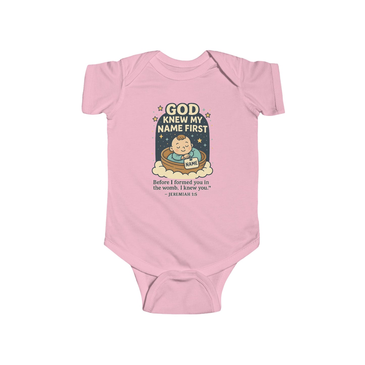 “God Knew My Name First” Infant Onesie – Jeremiah 1:5 Bible Verse Onsie