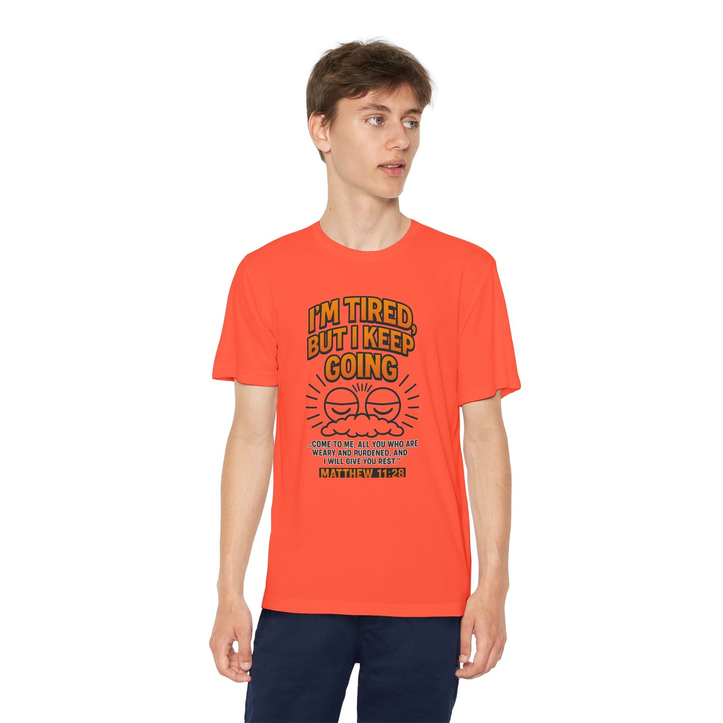 “I’m Tired, But I Keep Going” Youth Bible Verse Tee – Matthew 11:28 Graphic Shirt