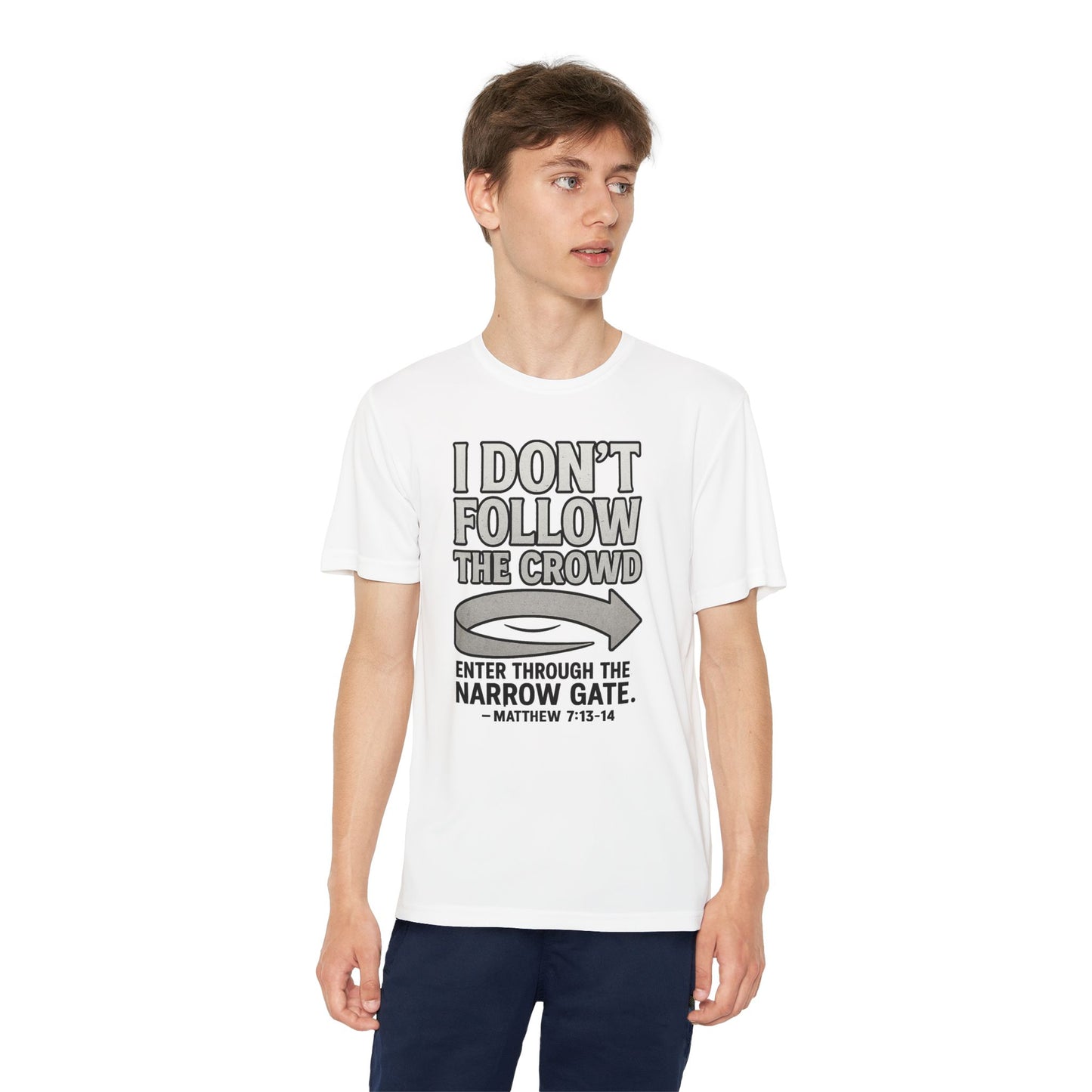 “I Don’t Follow the Crowd” Youth Tee – Matthew 7:13–14 Scripture Shirt