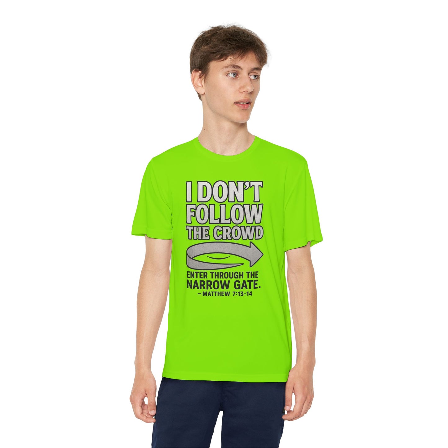“I Don’t Follow the Crowd” Youth Tee – Matthew 7:13–14 Scripture Shirt