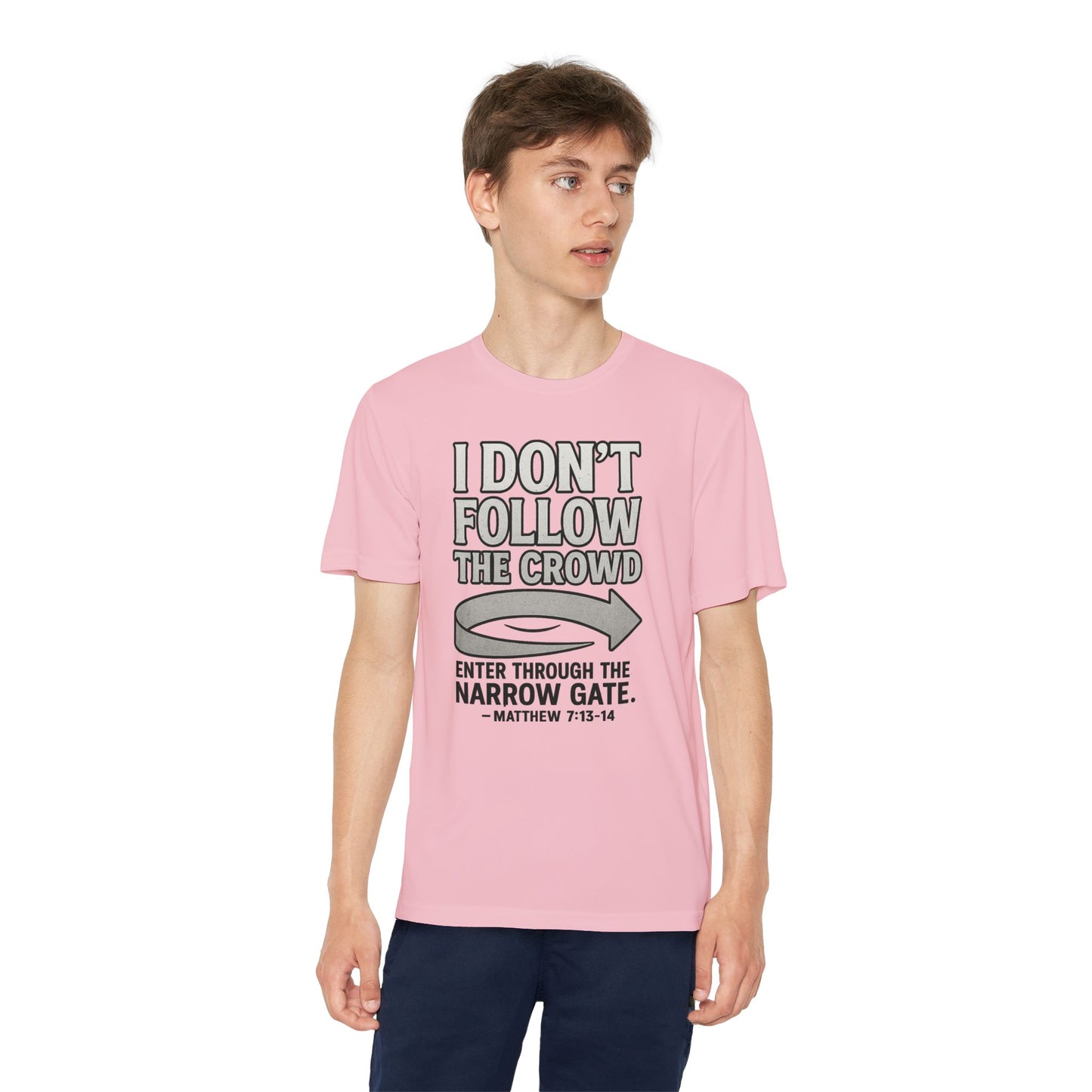 “I Don’t Follow the Crowd” Youth Tee – Matthew 7:13–14 Scripture Shirt