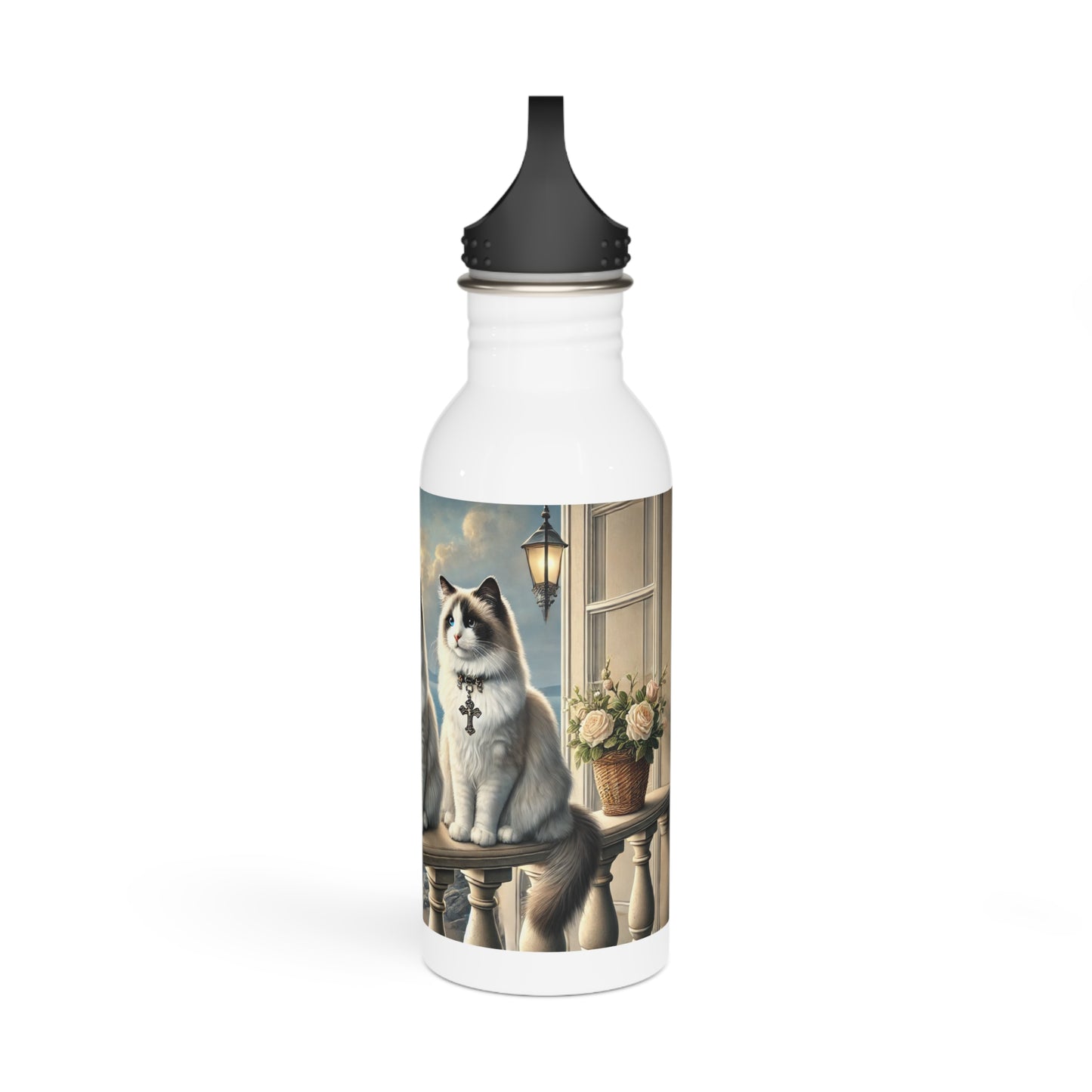 Stainless Steel Water Bottle - Cats and Lighthouse Design