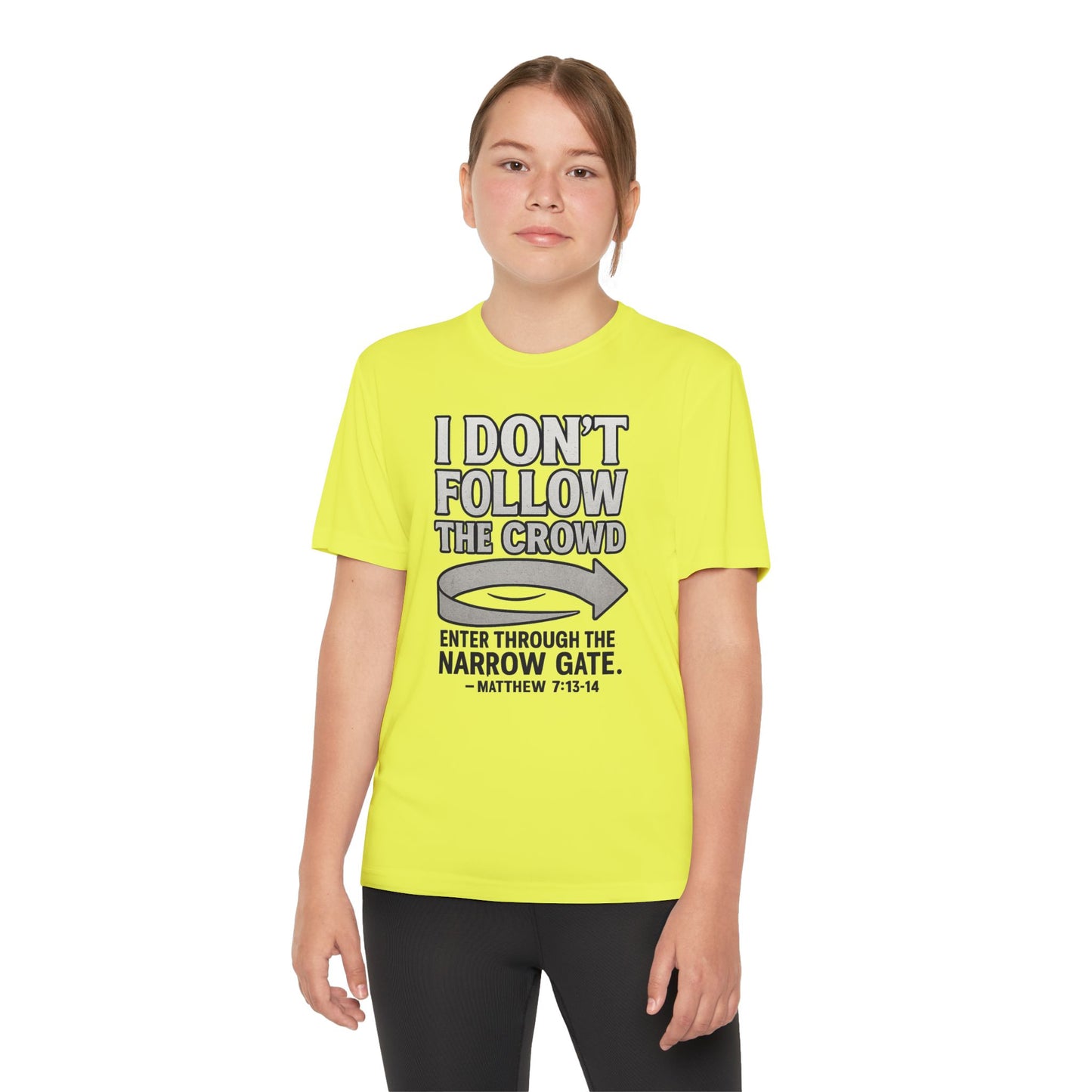 “I Don’t Follow the Crowd” Youth Tee – Matthew 7:13–14 Scripture Shirt