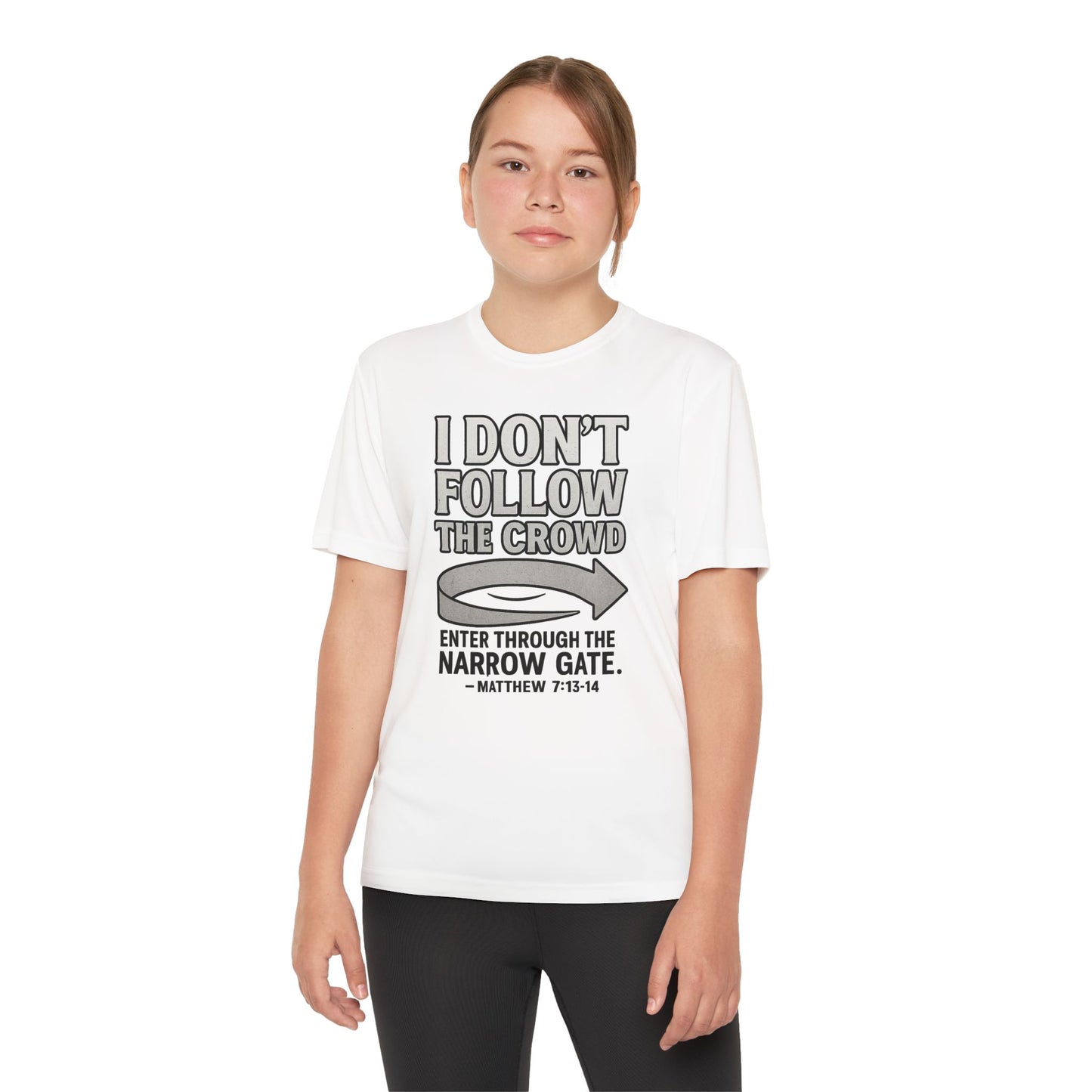 “I Don’t Follow the Crowd” Youth Tee – Matthew 7:13–14 Scripture Shirt