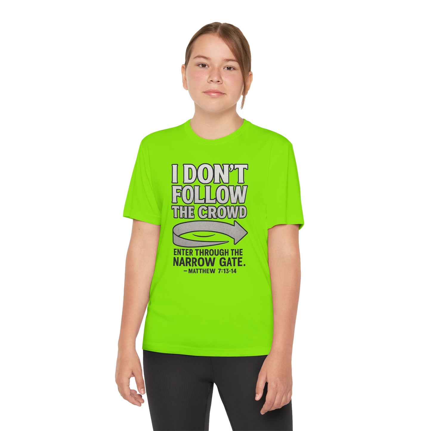 “I Don’t Follow the Crowd” Youth Tee – Matthew 7:13–14 Scripture Shirt