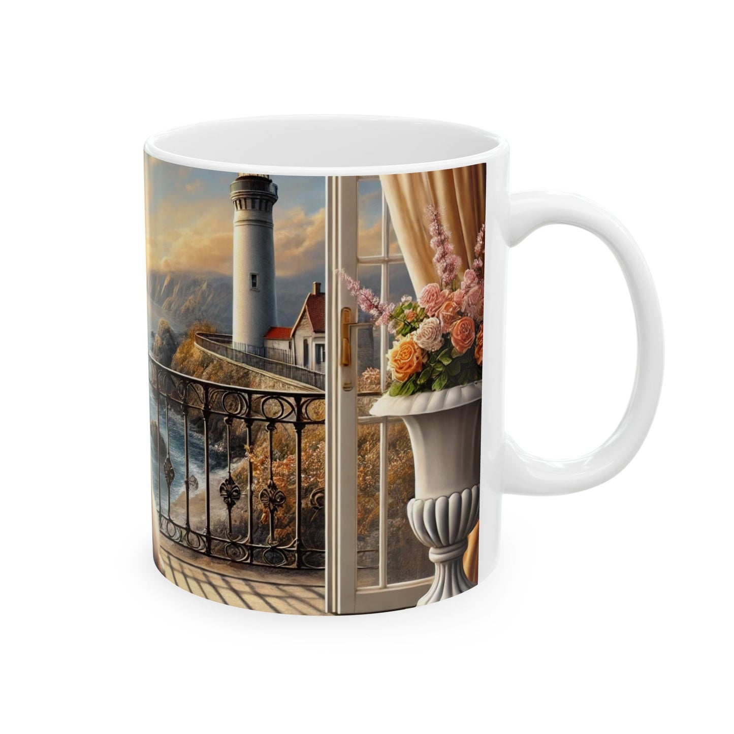 Mug - Two Pomeranian Dogs on a Balcony by the Sea