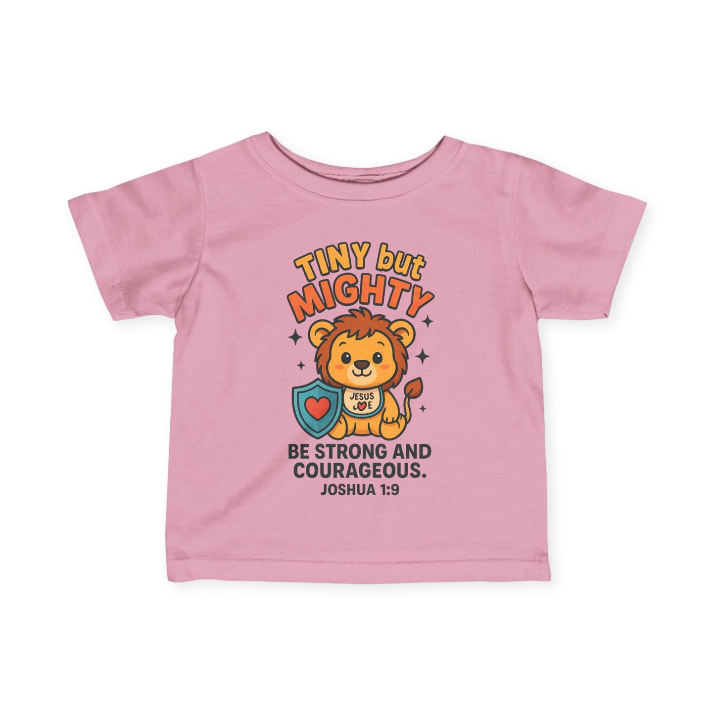 “Tiny but Mighty” Infant Tee – Joshua 1:9 Lion Cub Christian Shirt