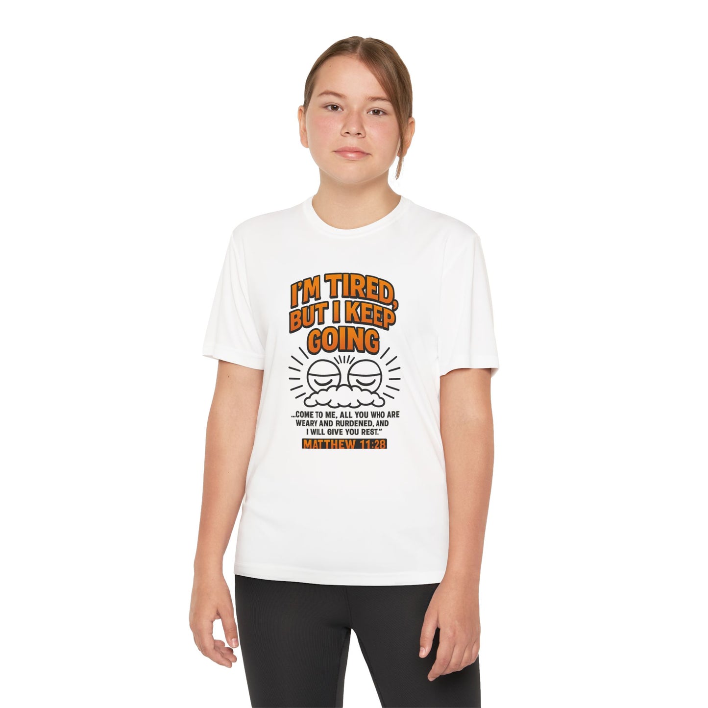 “I’m Tired, But I Keep Going” Youth Bible Verse Tee – Matthew 11:28 Graphic Shirt