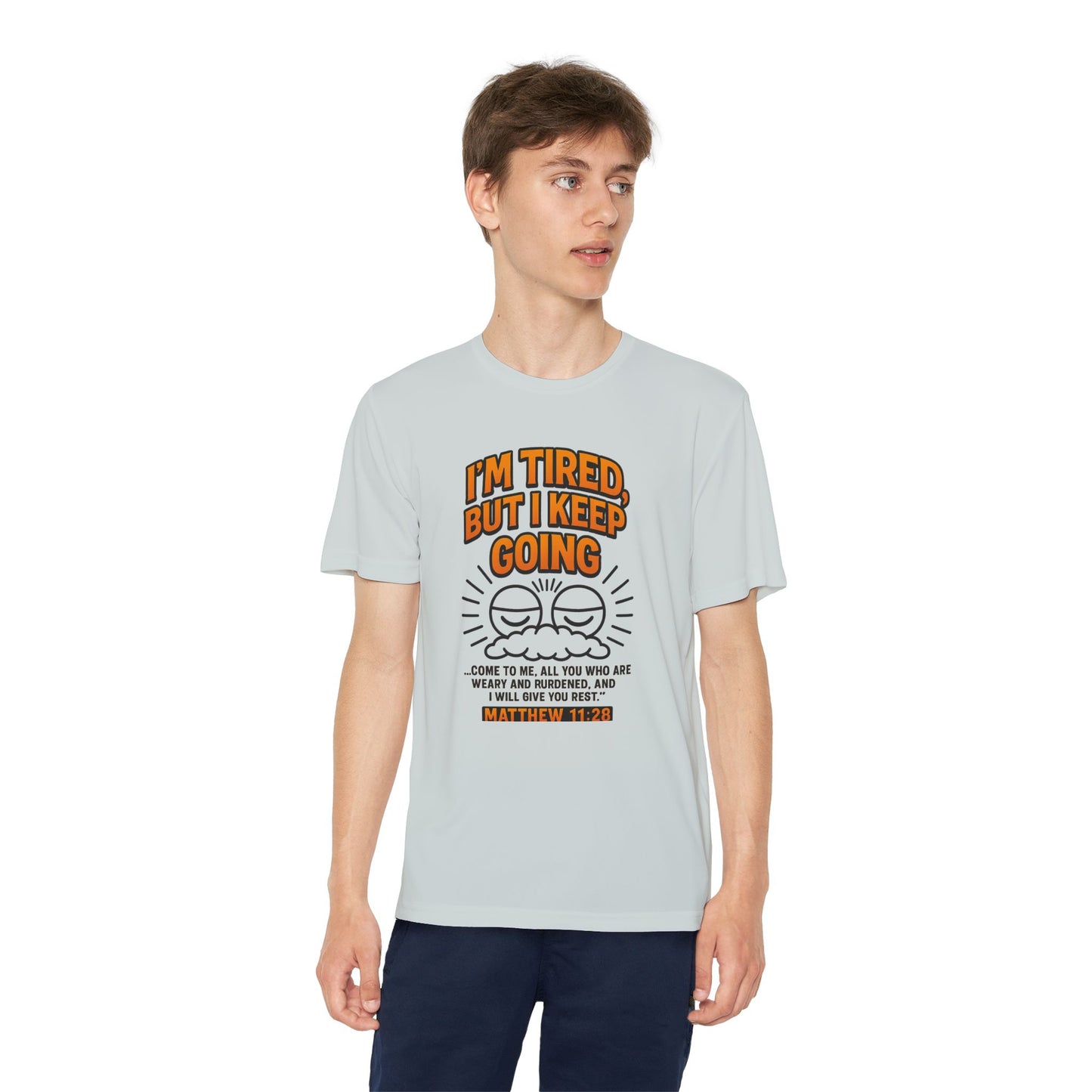 “I’m Tired, But I Keep Going” Youth Bible Verse Tee – Matthew 11:28 Graphic Shirt