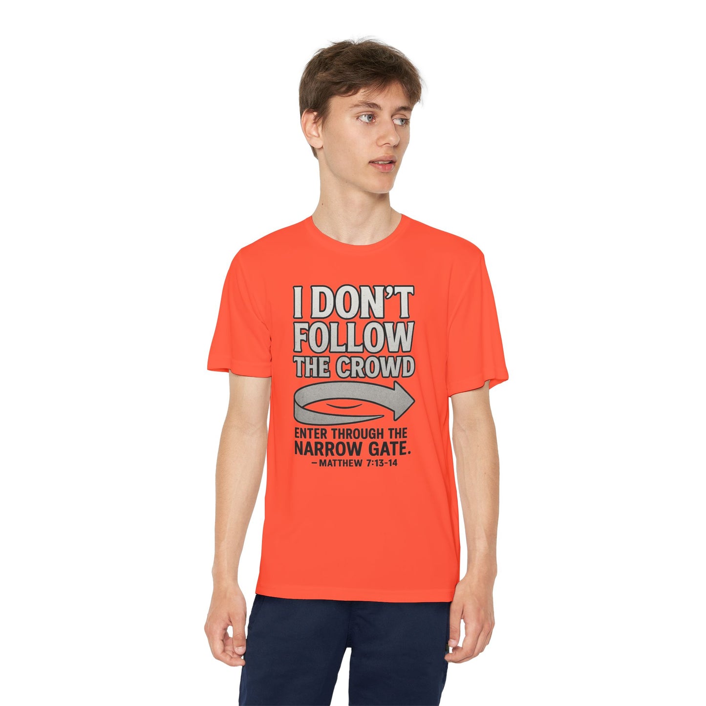 “I Don’t Follow the Crowd” Youth Tee – Matthew 7:13–14 Scripture Shirt