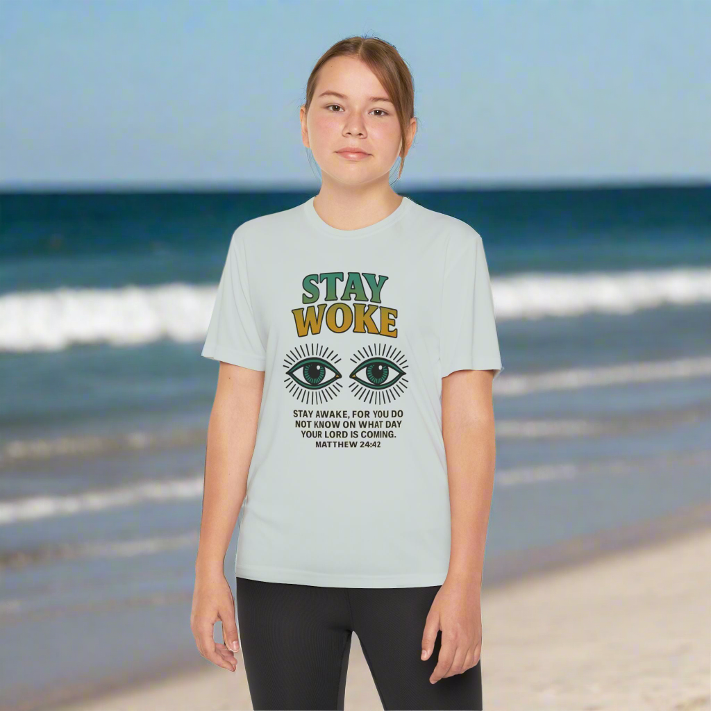“Stay Woke” Youth Bible Verse Tee – Matthew 24:42 Graphic Shirt