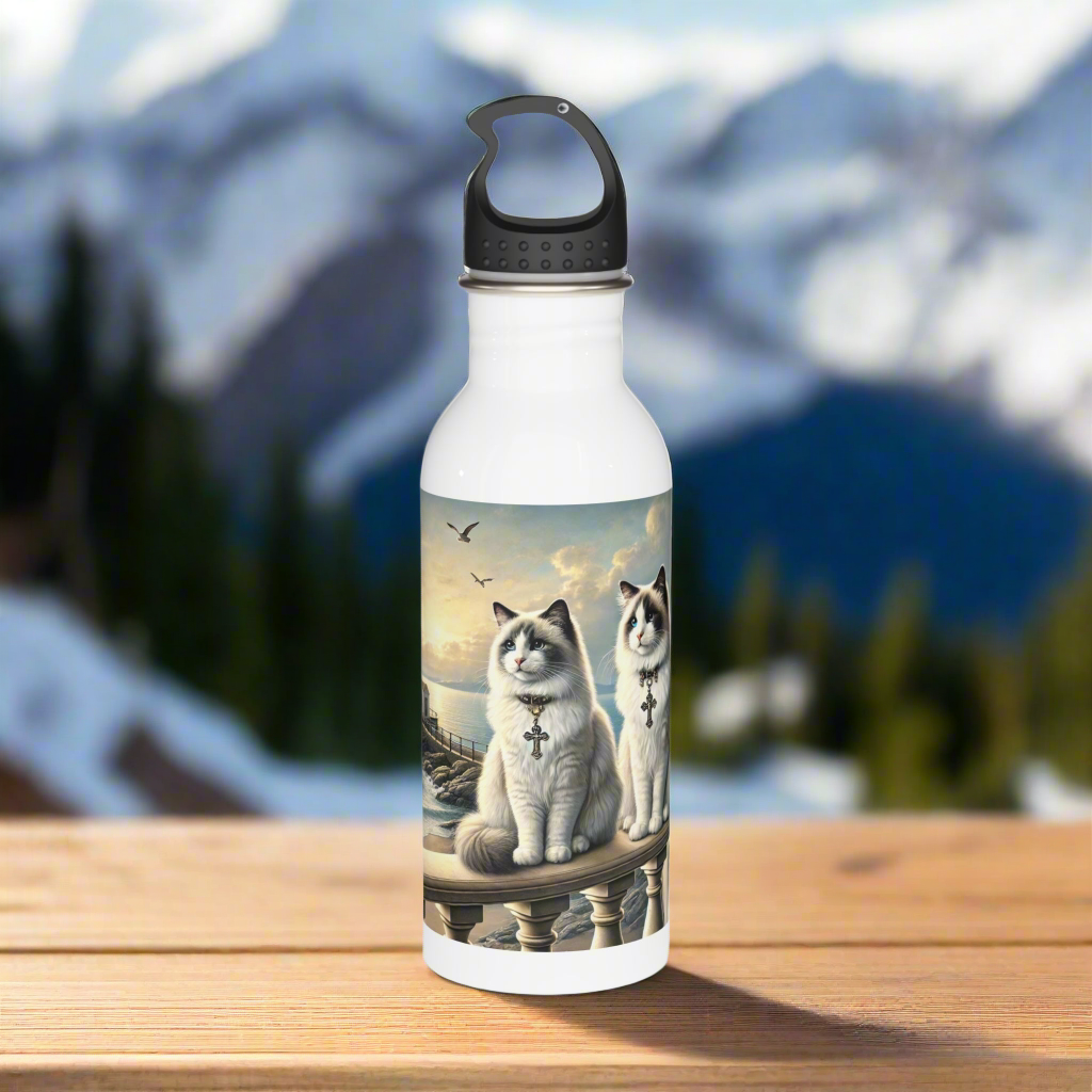 Stainless Steel Water Bottle - Cats and Lighthouse Design