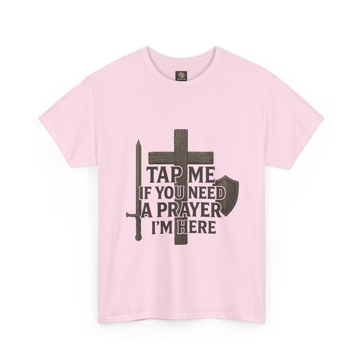 Christian Tee with 'Tap me if you need a prayer' design