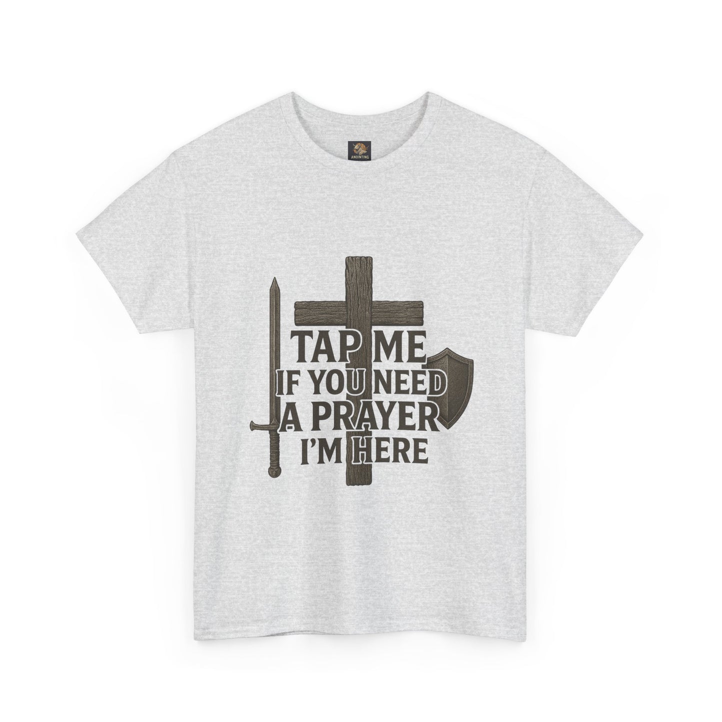 Christian Tee with 'Tap me if you need a prayer' design