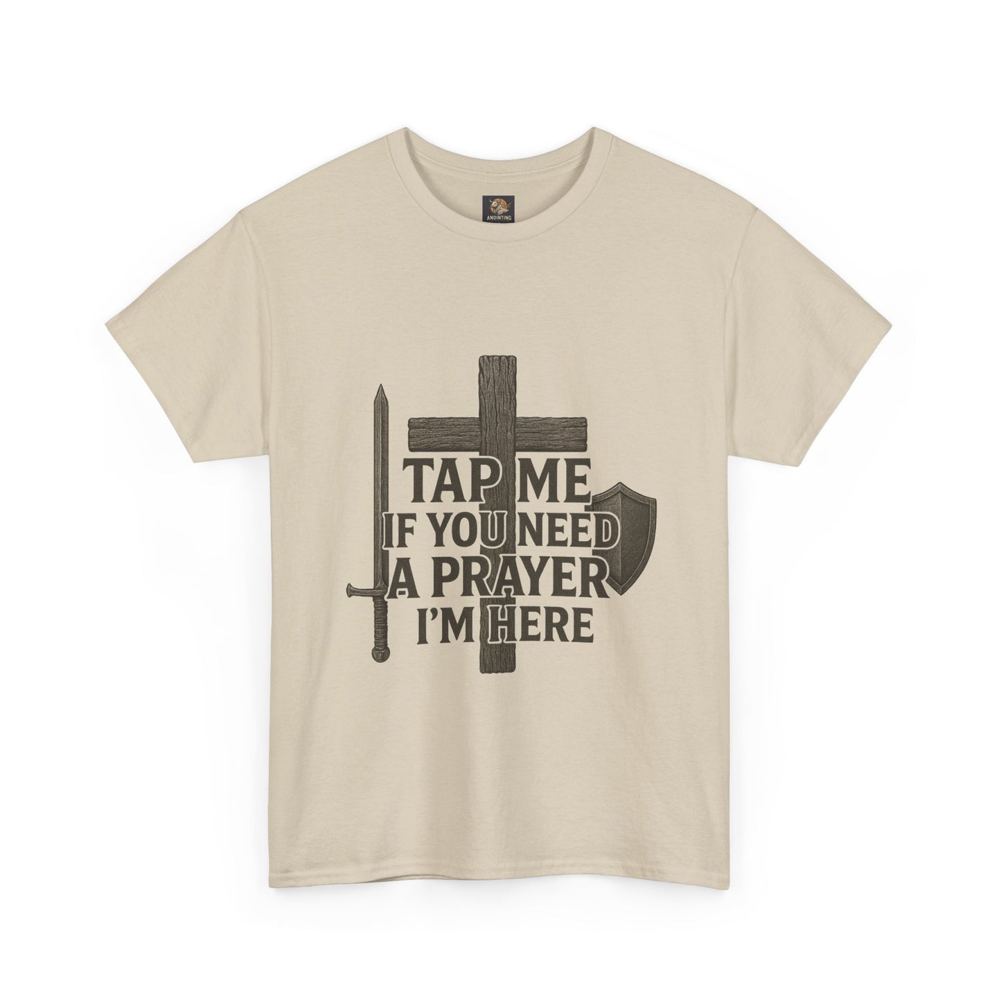 Christian Tee with 'Tap me if you need a prayer' design