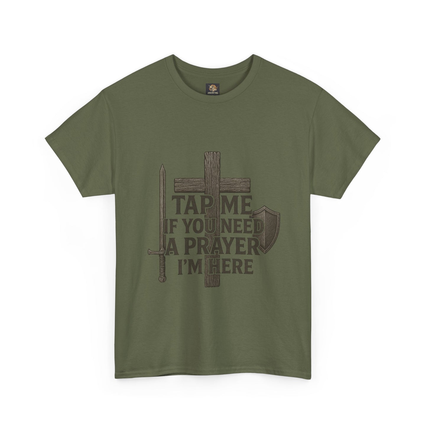Christian Tee with 'Tap me if you need a prayer' design
