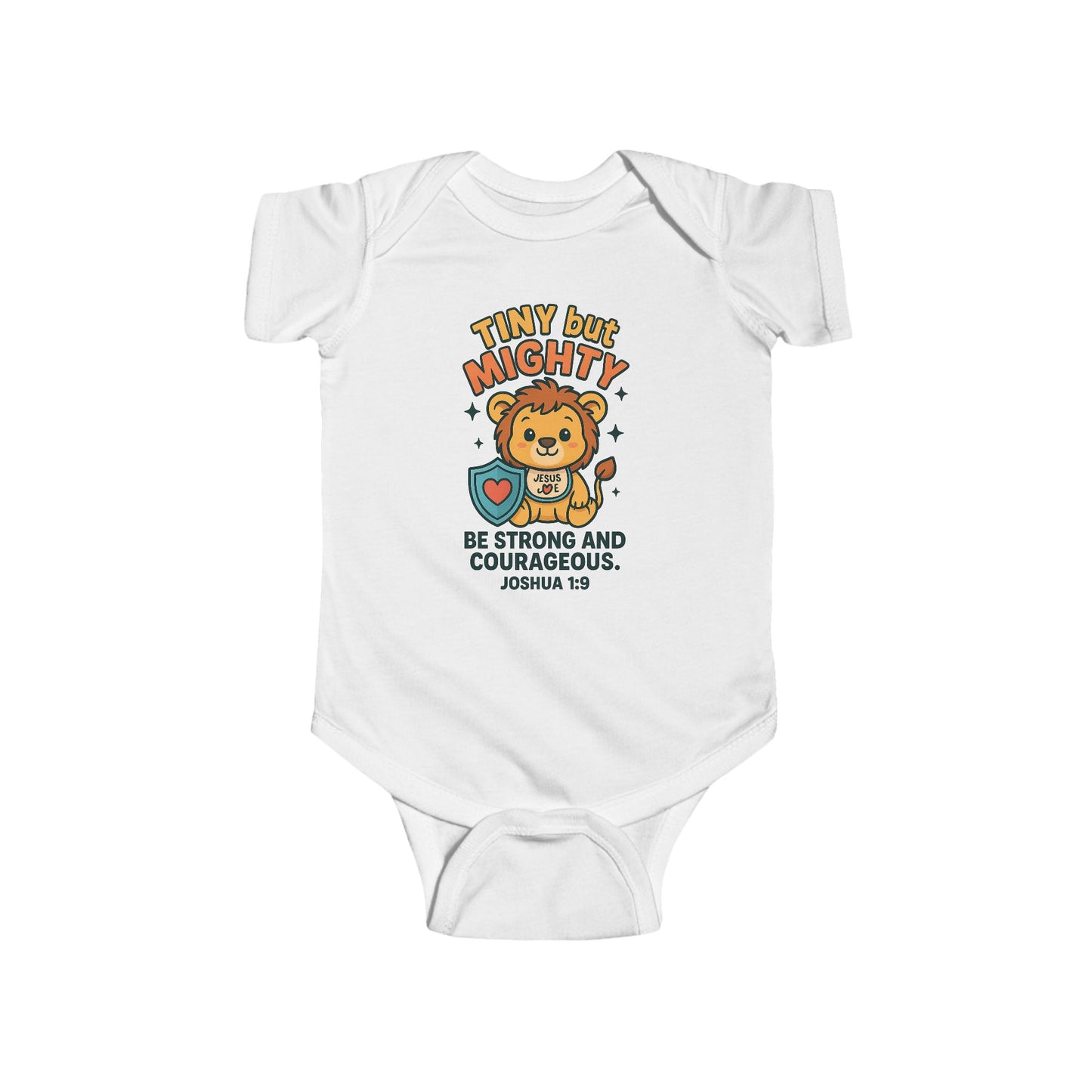 “Tiny but Mighty” Infant Onesie – Joshua 1:9 Lion Cub Faith Bodysuit