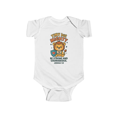 “Tiny but Mighty” Infant Onesie – Joshua 1:9 Lion Cub Faith Bodysuit