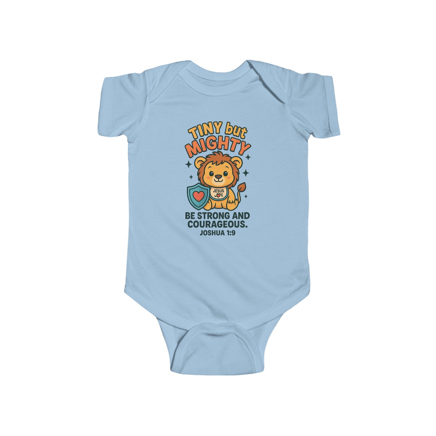 “Tiny but Mighty” Infant Onesie – Joshua 1:9 Lion Cub Faith Bodysuit