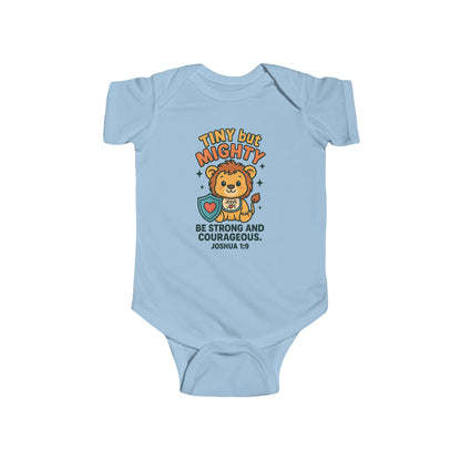 “Tiny but Mighty” Infant Onesie – Joshua 1:9 Lion Cub Faith Bodysuit