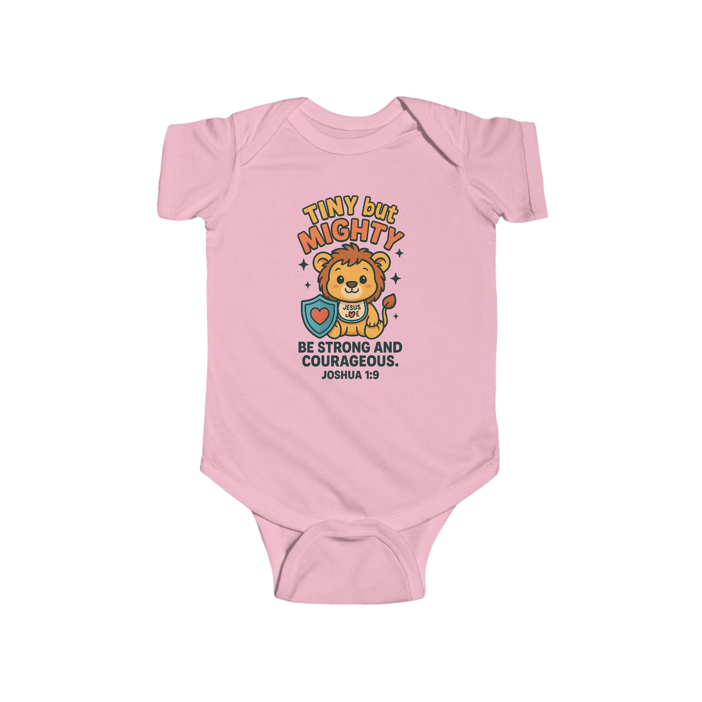 “Tiny but Mighty” Infant Onesie – Joshua 1:9 Lion Cub Faith Bodysuit