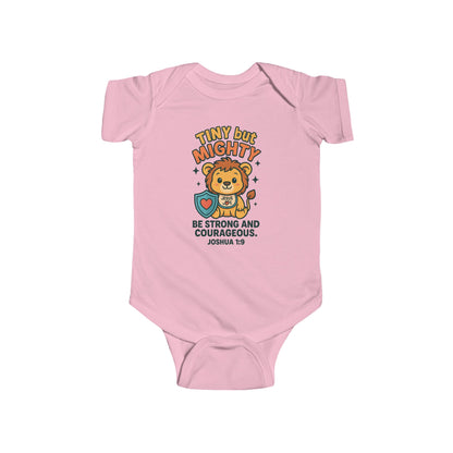 “Tiny but Mighty” Infant Onesie – Joshua 1:9 Lion Cub Faith Bodysuit