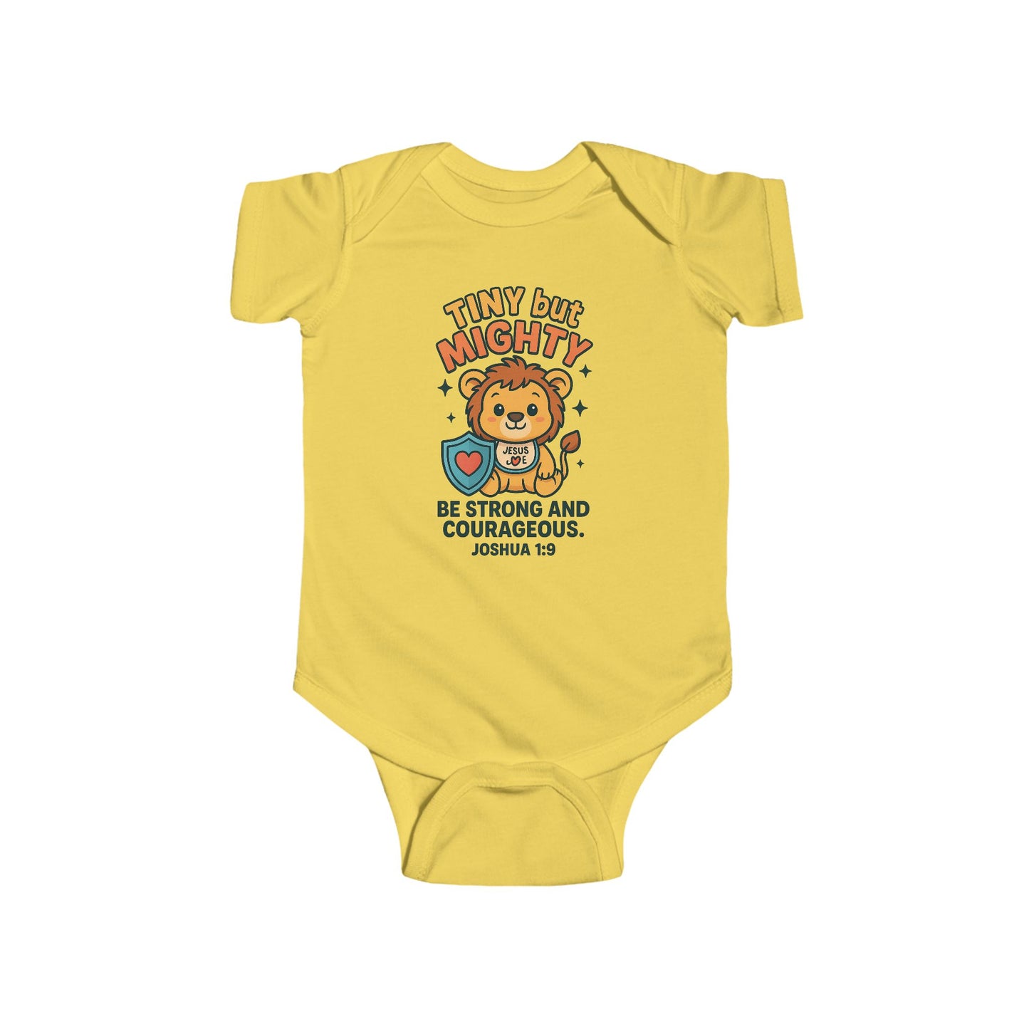 “Tiny but Mighty” Infant Onesie – Joshua 1:9 Lion Cub Faith Bodysuit