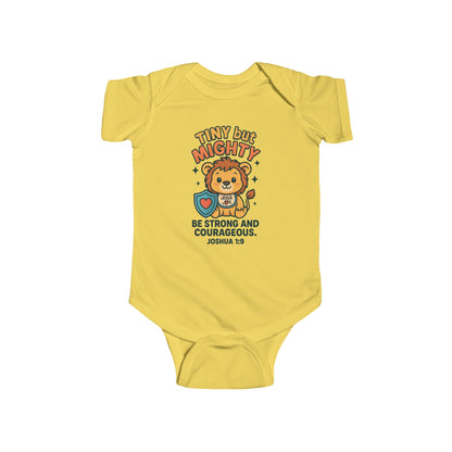 “Tiny but Mighty” Infant Onesie – Joshua 1:9 Lion Cub Faith Bodysuit