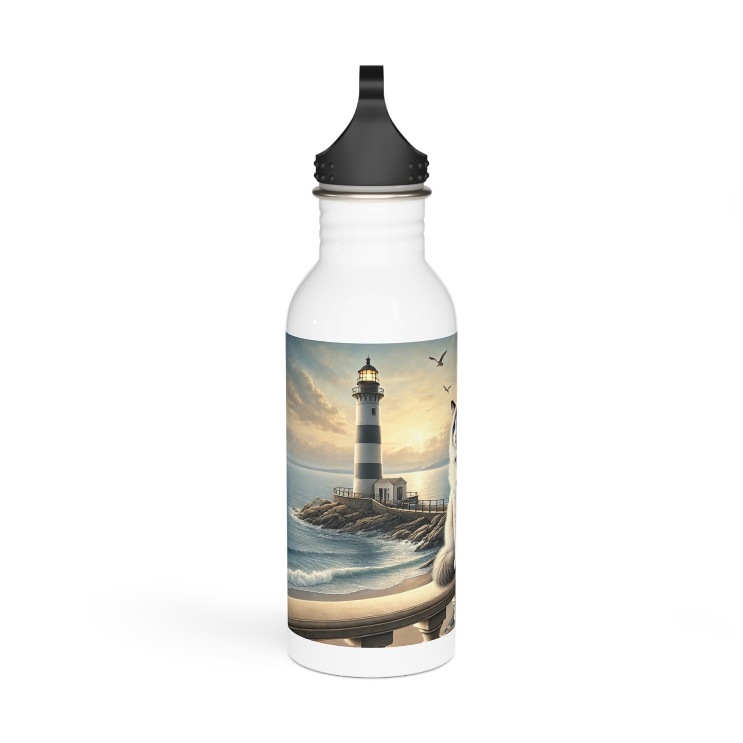 Stainless Steel Water Bottle - Cats and Lighthouse Design