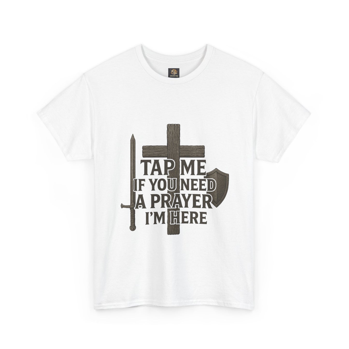 Christian Tee with 'Tap me if you need a prayer' design