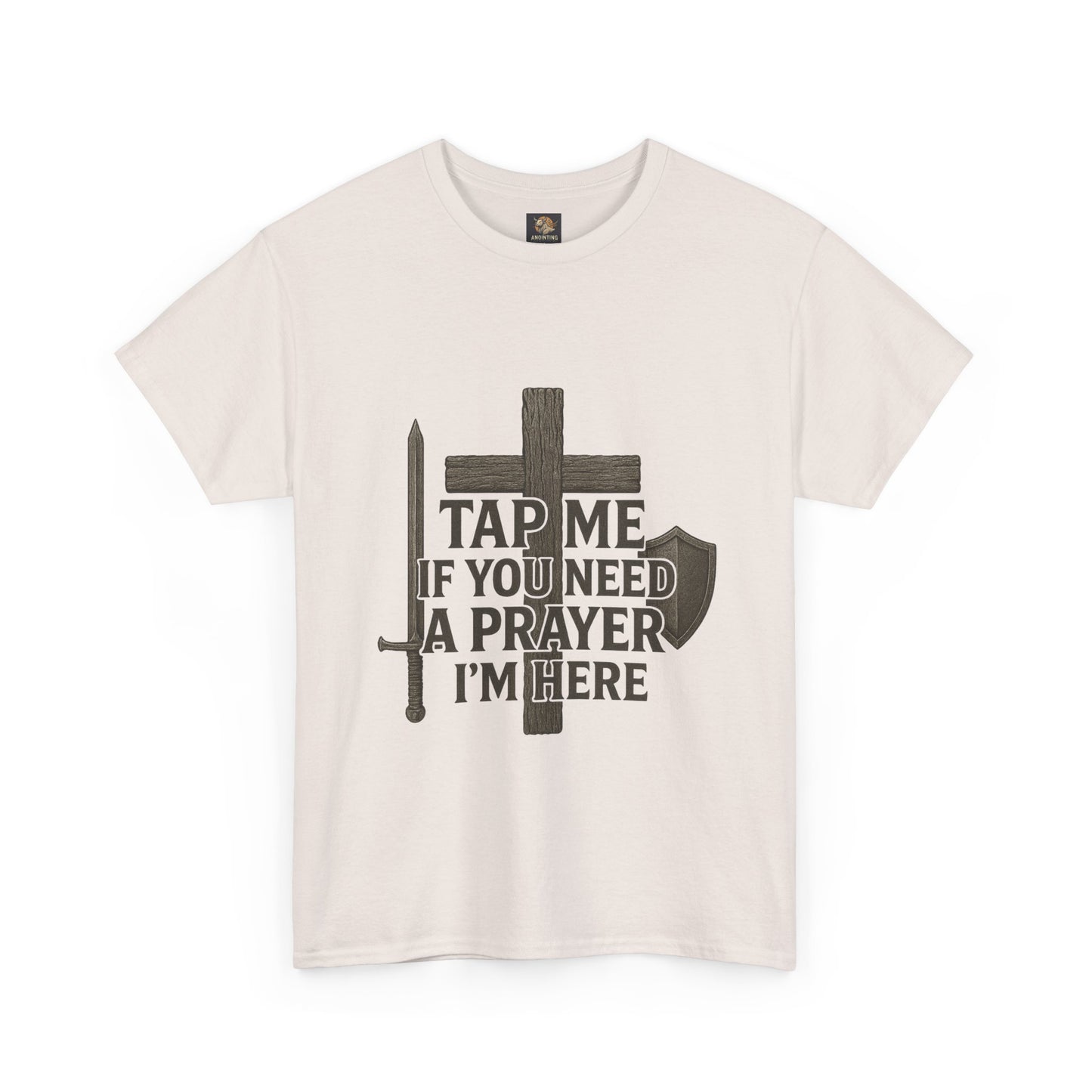Christian Tee with 'Tap me if you need a prayer' design