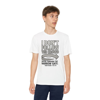 “I Don’t Follow the Crowd” Youth Tee – Matthew 7:13–14 Scripture Shirt