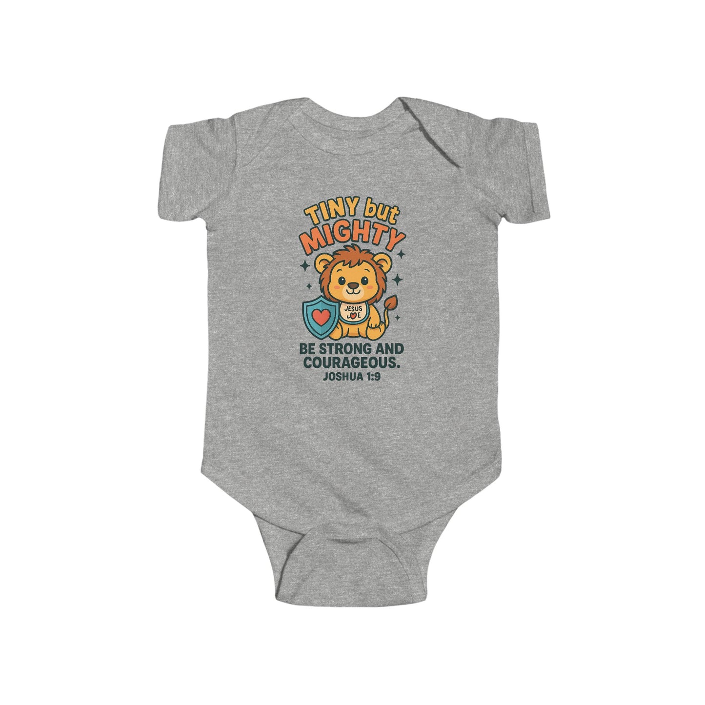 “Tiny but Mighty” Infant Onesie – Joshua 1:9 Lion Cub Faith Bodysuit
