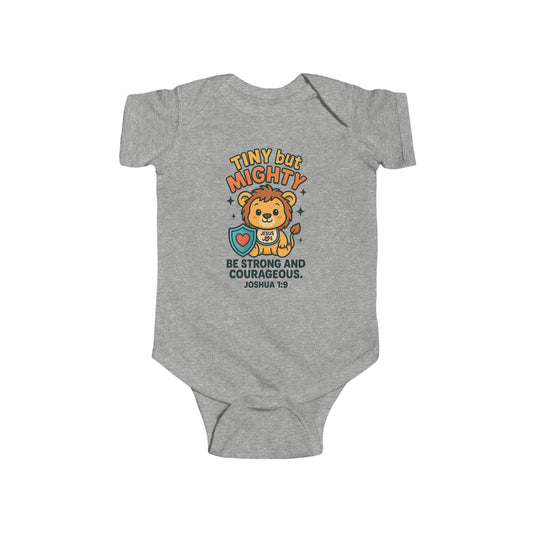 “Tiny but Mighty” Infant Onesie – Joshua 1:9 Lion Cub Faith Bodysuit