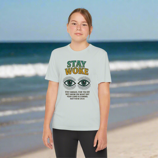 “Stay Woke” Youth Bible Verse Tee – Matthew 24:42 Graphic Shirt